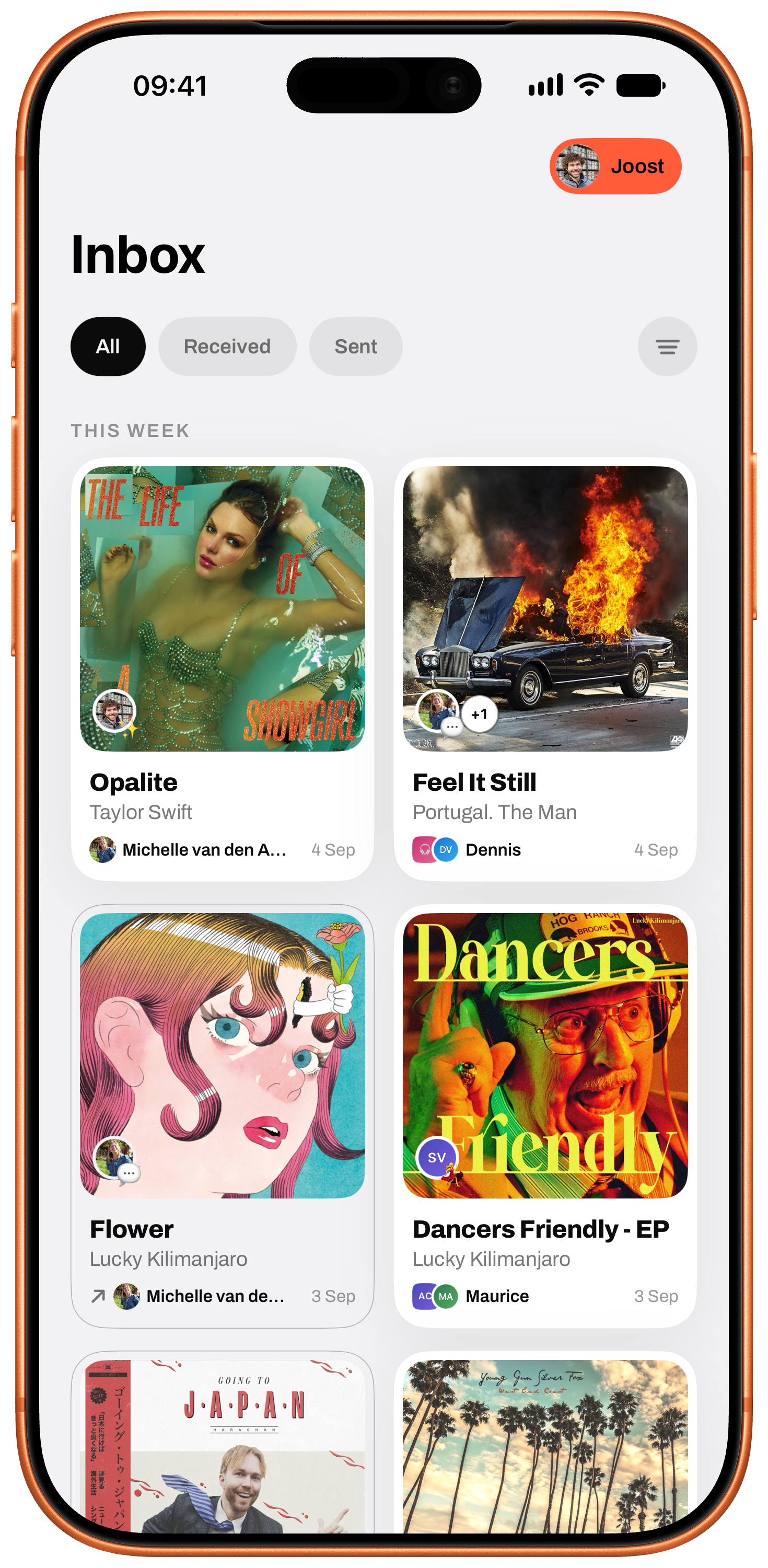 Auxed on iPhone, showing the Inbox with album artwork and music recommendations from friends.